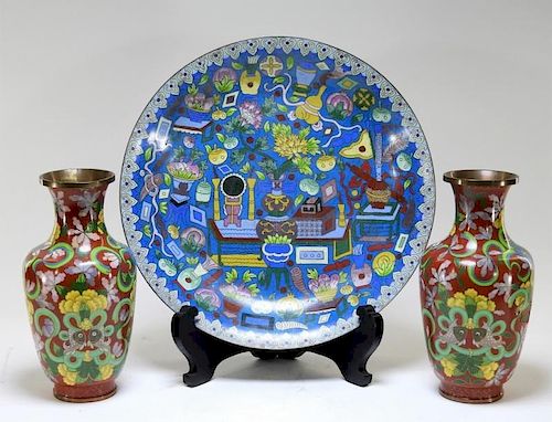 3 Chinese Cloisonne Enamel Vases and Charger