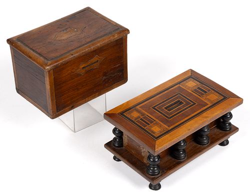 ENGLISH WOODEN INLAID BANKS, LOT OF TWO