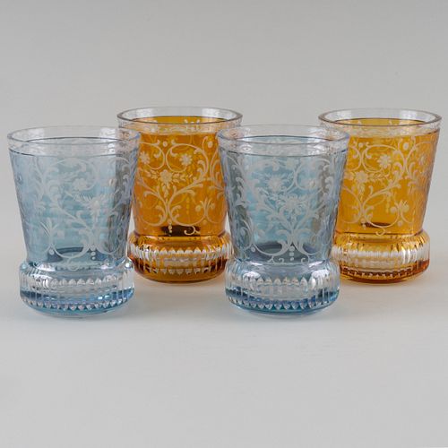 Set of Twenty-Four Bohemian Colored Etched Glass Tumblers