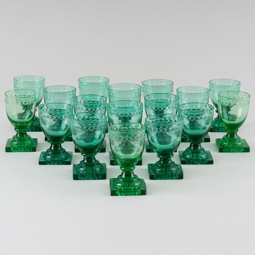 Assembled Set of Sixteen Small Green Glasses