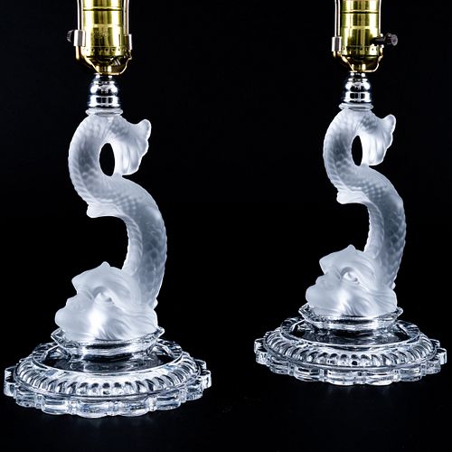 Pair of French Molded Glass Dolphin Form Table Lamps