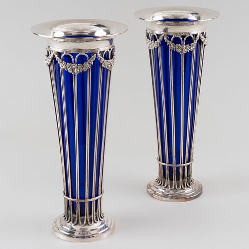 Pair of Silver Plate and Cobalt Glass Trumpet Vases