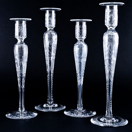 Two Paris of Edwardian Etched Glass Candlesticks