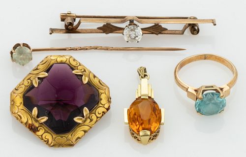 ANTIQUE AND VINTAGE 10K AND 14K GOLD AND GEMSTONE / GLASS STONE JEWELRY, LOT OF FIVE
