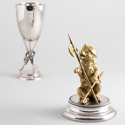 Mappin & Webb Silver Plate Goblet with Rifle Supports and a Bear Form Inkwell with Sword and Halberd