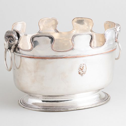 English Silver Plate Monteith with Ram Form Handles