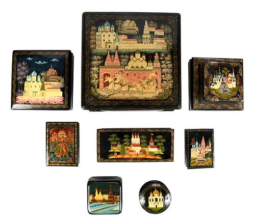 Eight Russian Lacquer Boxes with Architectural Scenes