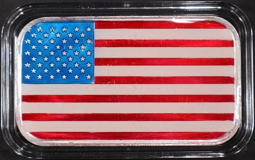 ONE OZ .999 ENAMELED AMERICAN FLAG SILVER BAR