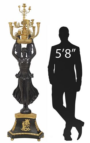MONUMENTAL EMPIRE STYLE BRONZE WINGED VICTORY 13-LT CANDELABRUM, 85"