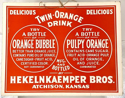 1920s Hekelnkaemper Bros. Twin Orange Drink String-Hung Cardboard Sign Atchison Kansas
