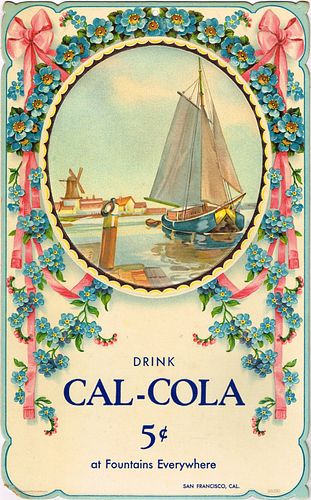 1910s Cal-Cola 5¢ Cardboard Die Cut Sign San Francisco California