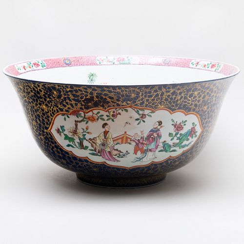 Chinese Export Blue Ground Gilt-Decorated Porcelain Punch Bowl