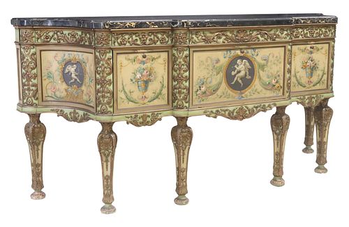 FLORENTINE STYLE MARBLE-TOP PAINTED CONSOLE CABINET