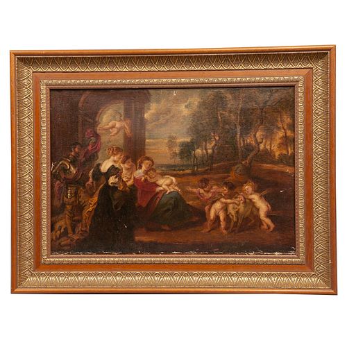 ANÓNIMO, Reproducción de "Descanso en la huida a Egipto con santos" de Paul Rubens, Sin firma, Óleo sobre tela, 33 x 48 cm