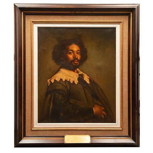 JUANA LAZCANO MARBAN, Reproducción de "Retrato de Juan de Pareja" de Diego Velázquez, Firmado, Óleo sobre tela, 78 x 65 cm