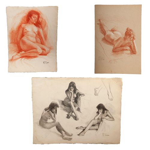 ALFONSO TIRADO TAPIA, Estudios de cuerpo, Firmados, Sanguina y carboncillo sobre papel, Una de 48 x 70 cm y dos de 59 x 82 cm