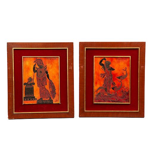 ANÓNIMO, Poseidón y Minerva, Firmadas y fechadas 1979, Placa de metal esmaltado, 30 x 23 cm cada uno, Piezas: 2