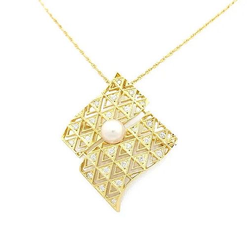 MIKIMOTO PEARL DIAMOND 18K YELLOW GOLD BROOCH & NECKLACE