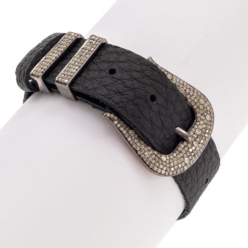 Diamond, Silver, Leather Belt Bracelet, Nina Gilin