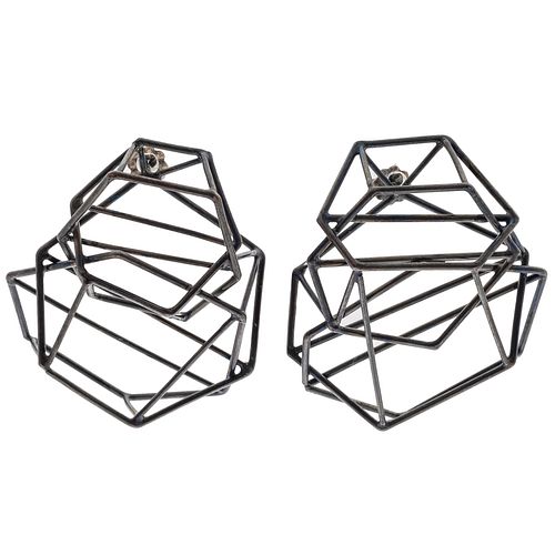 Pair of Patinated Silver Earrings, "Structure," Sarah Loertscher