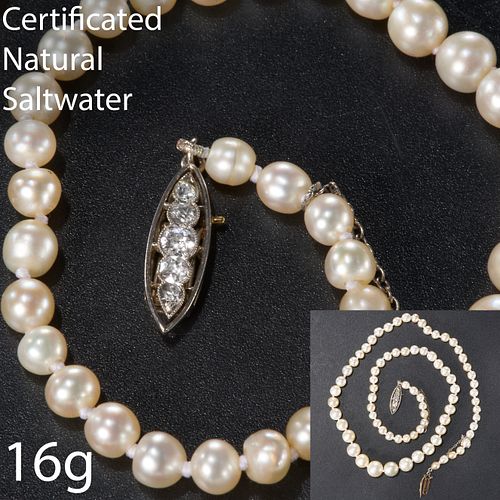 FINE CERTIFICATED NATURAL SALTWATER PEARL AND DIAMOND NECKLACE