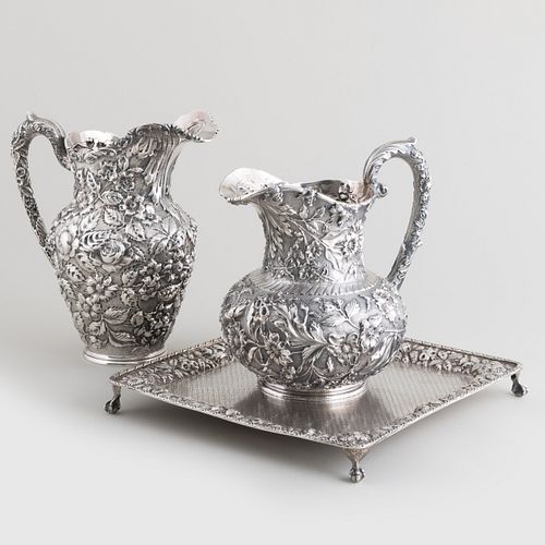 Two American Silver Flower Repoussé Water Pitchers and a Tray