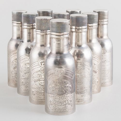 Group of Fourteen Silver Miniature Models of Liquor Bottles