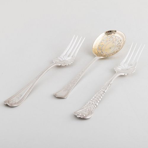 Two Tiffany & Co. Silver Serving Forks and a Pierced Silver Plate Spoon