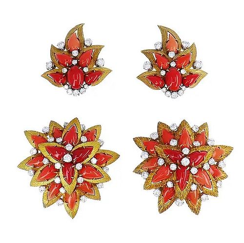 Vintage Bulgari Gold Platinum Earrings and Clip Brooches Set Coral