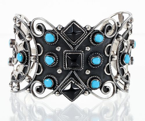 Mexican Silver Turquoise Jet Cuff
