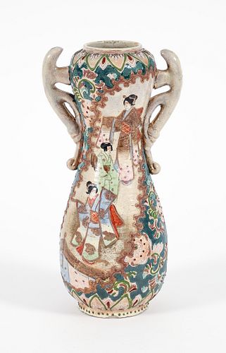 Japanese Moriage Handled Stoneware Vase 