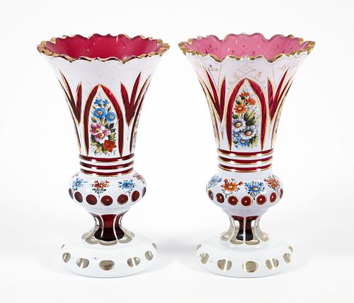 Pair Of Bohemian Cranberry Cut to Clear Vases
