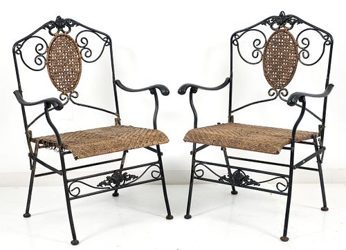 Pair of Wrought Iron and Woven Rattan Folding Chairs 