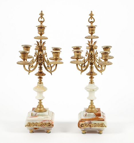 Pair of Louis XVI Style Brass and Marble Candelabra