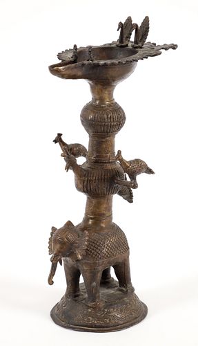Indian Elephant and Peacock Brass Oil Lamp  
