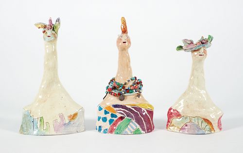3 Ann Frantic Painted Ceramics Ladies with Strange Headdresses
