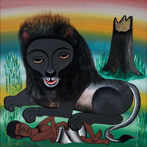 Ojaja Monde Oil on Board Resting Lion and Boy