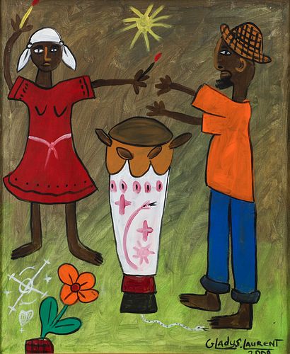 Gladys Laurent Acrylic on Canvas Haitian Drumming