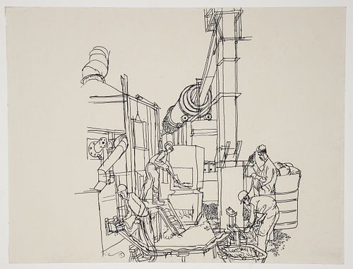 Henry Koerner Interior Mill Scene Ink Drawing 1975