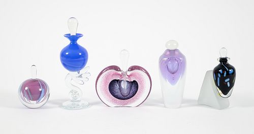 5 Late 20th Century Signed Art Glass Perfume Bottles  