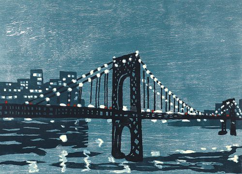 Richard Bosman 1997 color woodcut Bridges II