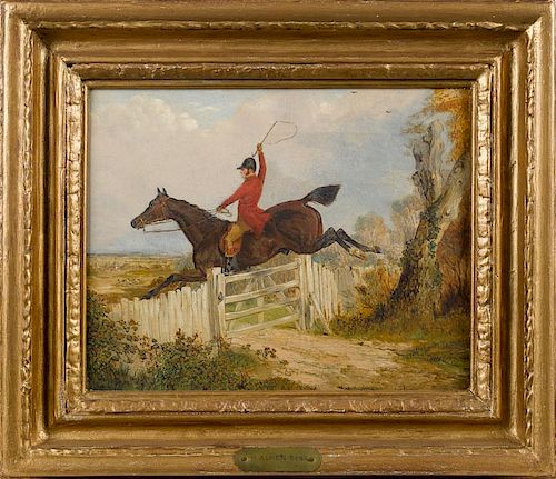 Attributed to Henry Alken Sr. (British 1785-1851), oil on canvas of a man on horseback, 10'' x 12''.