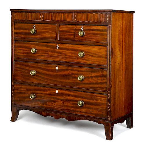 George III mahogany chest of drawers, late 18th c., with allover diamond band and line inlays, 47