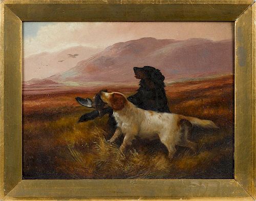 Robert Cleminson (British 1844-1903), pair of oil on canvas landscapes with hunting dogs, signed l