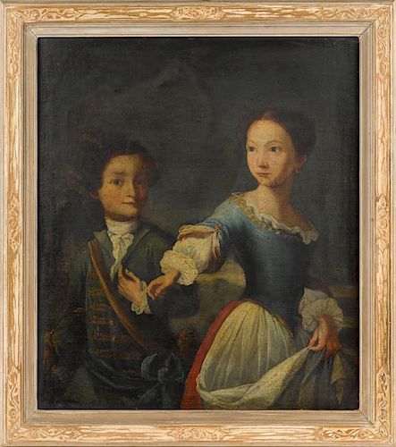 English oil on canvas portrait of two children, late 18th c., 30'' x 26 1/4''.