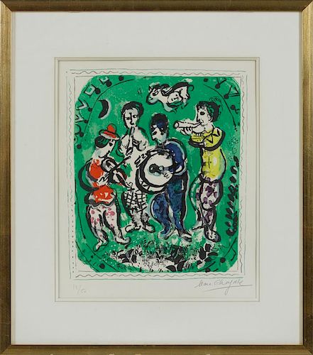 Marc Chagall (French/Russian 1887-1985), color lithograph titled Musicians, on a green backgroun