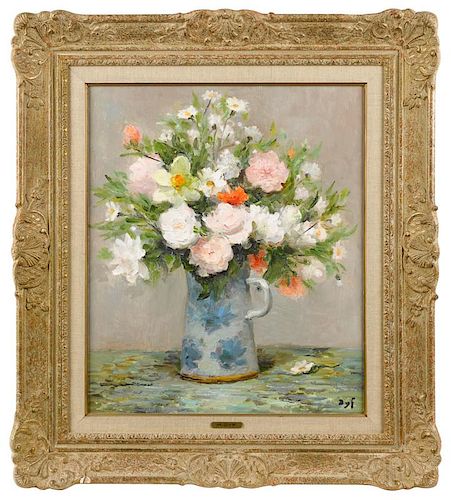 Marcel Dyf (French 1899-1985), oil on canvas floral still life, titled Bouquet au pot de gres ble