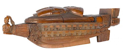 Carved coquilla nut Napoleonic prisoner of war snuff box, 19th c., with a finely detailed ship wit