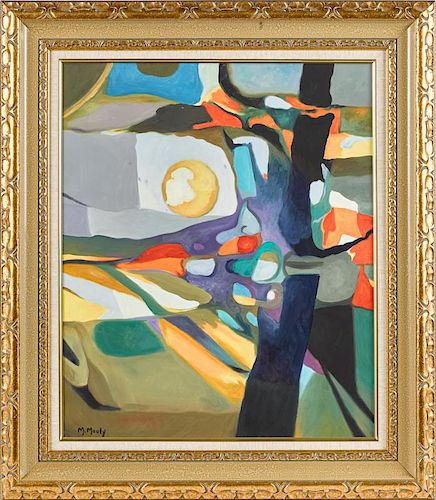 Marcel Mouly (French 1918-2008), oil on canvas abstract, signed lower left and verso, 28'' x 23 1/2