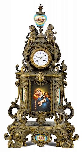 French bronze mantel clock, late 19th c., with painted porcelain mounts, 28'' h.